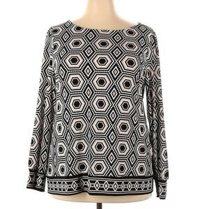 Alfani Womens Geometric Long Sleeve Tunic Top Black White Tan Size M